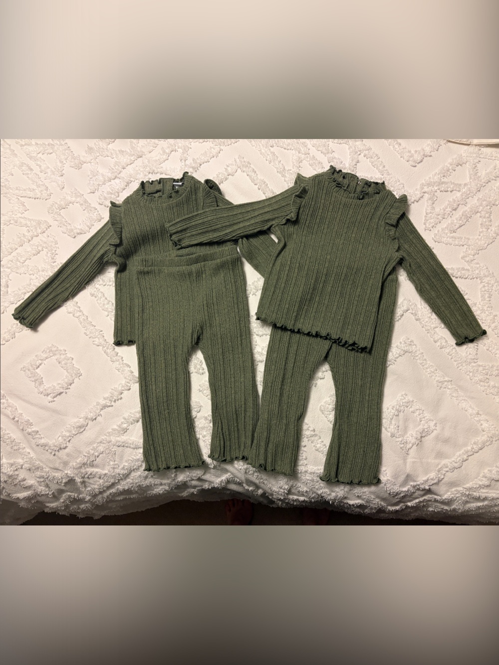 Olive Green Ribbed Girls Sweater Set - Top & Pants, twin set